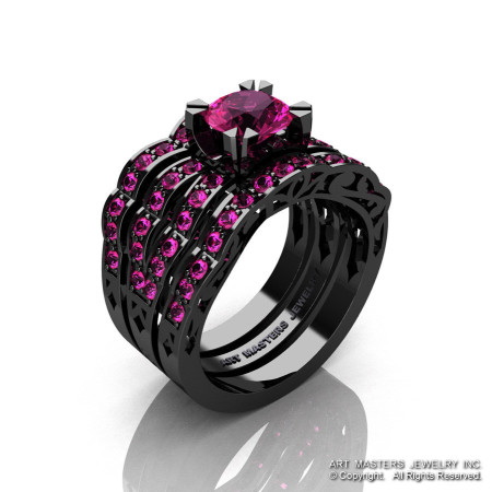 Modern Vintage 14K Black Gold 1.0 Carat Pink Sapphire Solitaire Ring Double Wedding Band Bridal Set R322S2-14KBGPS-1