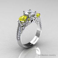 Classic 10K White Gold Three Stone White and Yellow Sapphire Solitaire Ring R200-10KWGYSWS-1