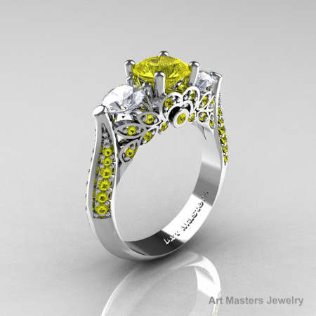 Classic 10K White Gold Three Stone Yellow and White Sapphire Solitaire Ring R200-10KWGWSYS-1