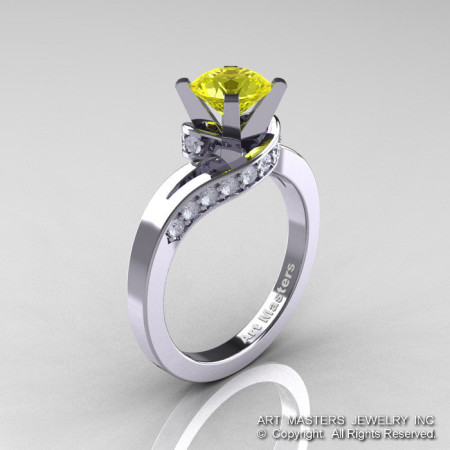 Classic 14K White Gold 1.0 Ct Yellow Sapphire Diamond Designer Solitaire Ring R259-14KWGDYS-1