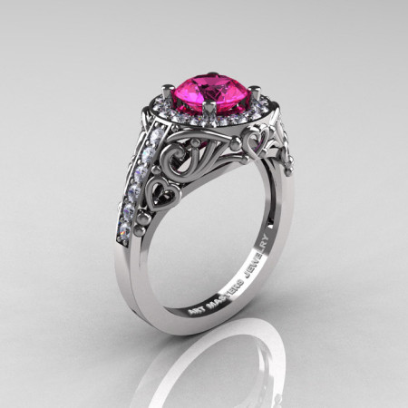 Italian 14K White Gold 1.0 Ct Pink Sapphire Diamond Engagement Ring Wedding Ring R280-14KWGDPS-1