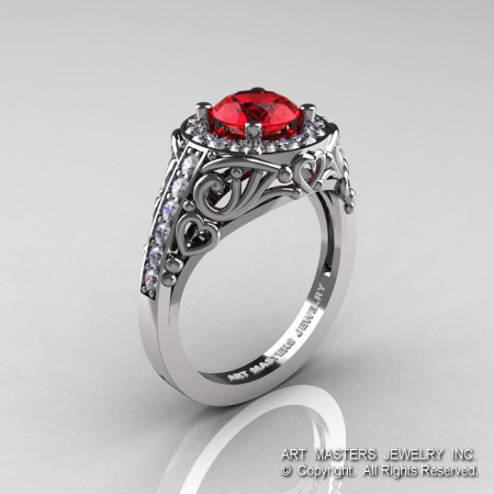 Italian 14K White Gold 1.0 Ct Ruby Diamond Engagement Ring Wedding Ring R280-14KWGDR-1