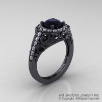 Italian 14K Matte Black Gold 1.0 Ct Black and White Diamond Engagement Ring Wedding Ring R280-14KMBGDBD-1