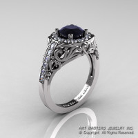 Italian 14K White Gold 1.0 Ct Black and White Diamond Engagement Ring Wedding Ring R280-14KWGDBD-1