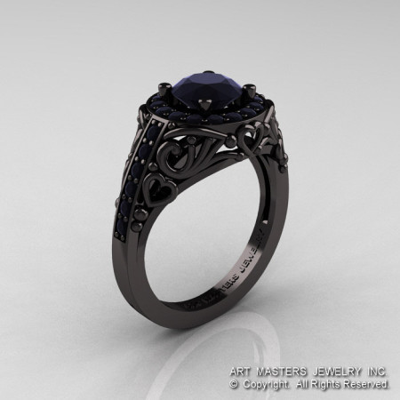 Italian 14K Black Gold 1.0 Ct Black Diamond Engagement Ring Wedding Ring R280-14KBGBD-1