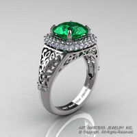 High Fashion 14K White Gold 3.0 Ct Emerald Diamond Designer Wedding Ring R407-14KWGDEM-1