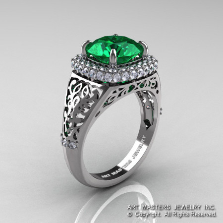 High Fashion 14K White Gold 3.0 Ct Emerald Diamond Designer Wedding Ring R407-14KWGDEM-1