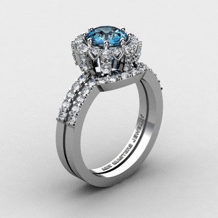 French 14K White Gold 1.0 Ct Blue Topaz Diamond Engagement Ring Wedding Band Set R408S-14KWGDBT-1
