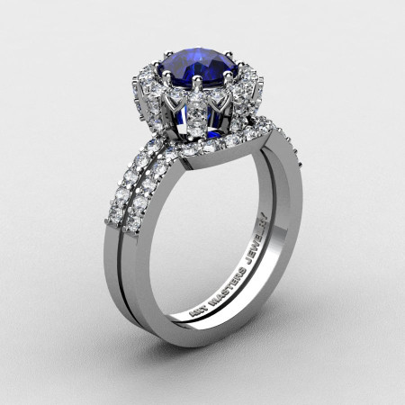 French 14K White Gold 1.0 Ct Blue Sapphire Diamond Engagement Ring Wedding Band Set R408S-14KWGDBS-1