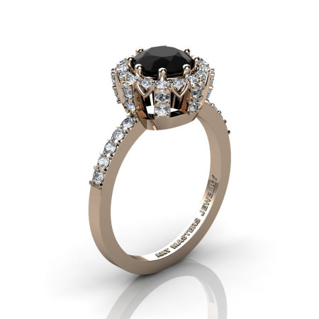 Classic Bridal 14K Rose Gold 1.0 Ct Black and White Diamond Solitaire Ring R408-14KRGDBD-1