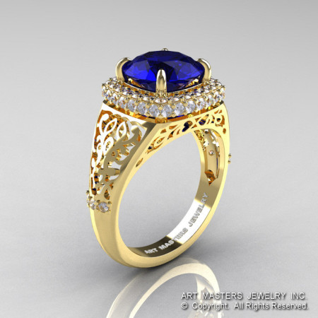 High Fashion 14K Yellow Gold 3.0 Ct  Blue Sapphire Diamond Designer Wedding Ring R407-14KYGDBS-1