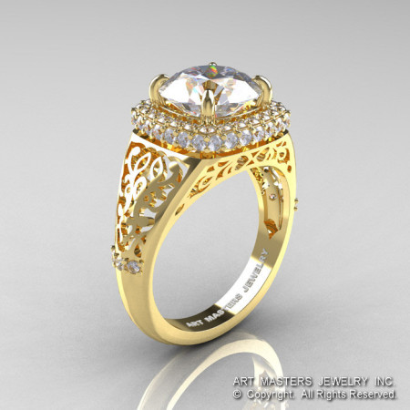 High Fashion 14K Yellow Gold 3.0 Ct White Sapphire Diamond Designer Wedding Ring R407-14KYGDWS-1