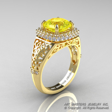 High Fashion 14K Yellow Gold 3.0 Ct Yellow Sapphire Diamond Designer Wedding Ring R407-14KYGDYS-1