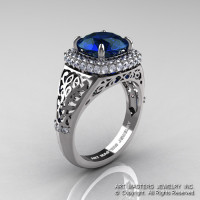 High Fashion 14K White Gold 3.0 Ct London Blue Sapphire Diamond Designer Wedding Ring R407-14KWGLBS-1