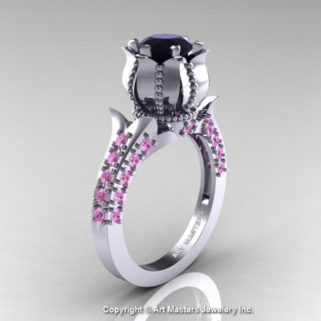 Classic 14K White Gold 1.0 Ct Black Diamond Light Pink Sapphire Solitaire Wedding Ring R410-14KWGLPSBD-1