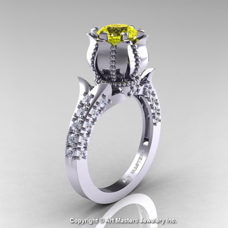 Classic 14K White Gold 1.0 Ct Yellow Sapphire Diamond Solitaire Wedding Ring R410-14KWGDYS-1