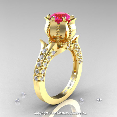 Classic 14K Yellow Gold 1.0 Ct Pink Sapphire Diamond Solitaire Wedding Ring R410-14KYGDPS-1