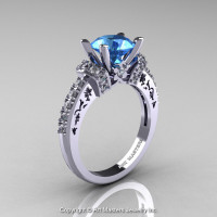 Modern Armenian Classic 14K White Gold 1.5 Ct Aquamarine Diamond Wedding Ring R137-14KWGDAQ-1