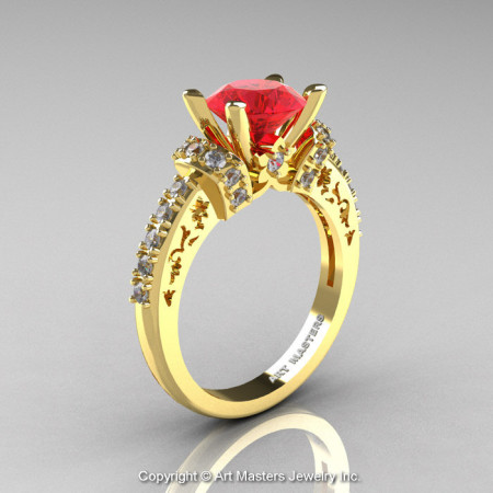 Modern Armenian Classic 14K Yellow Gold 1.5 Ct Ruby Diamond Wedding Ring R137-14KYGDR-1