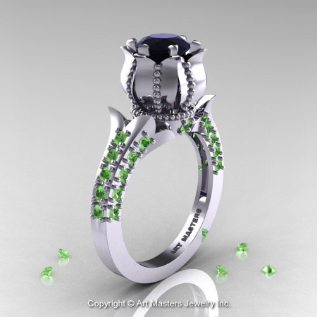 Classic 14K White Gold 1.0 Ct Black Diamond Green Topaz Solitaire Wedding Ring R410-14KWGGTBD-1