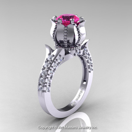Classic 14K White Gold 1.0 Ct Pink Sapphire Diamond Solitaire Wedding Ring R410-14KWGDPS-1