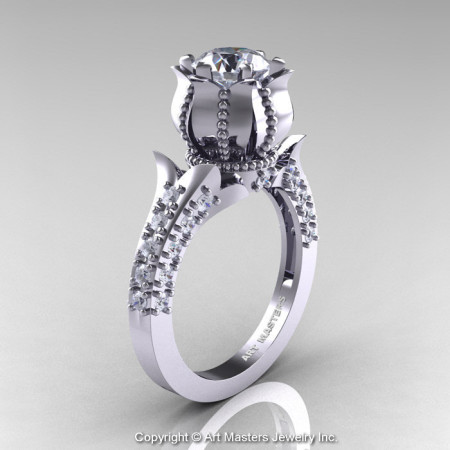 Classic 14K White Gold 1.0 Ct White Sapphire Diamond Solitaire Wedding Ring R410-14KWGDWS-1