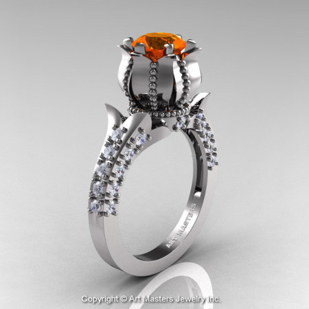 Classic 14K White Gold 1.0 Ct Orange Sapphire Diamond Solitaire Wedding Ring R410-14KWGDOS-1