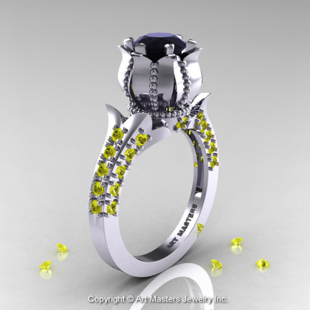 Classic 14K White Gold 1.0 Ct Black Diamond Yellow Sapphire Solitaire Wedding Ring R410-14KWGYSBD-1