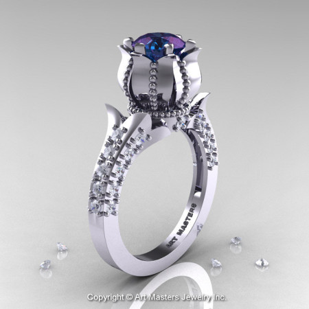 Classic 14K White Gold 1.0 Ct Alexandrite Diamond Solitaire Wedding Ring R410-14KWGDAL-1