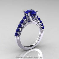 Classic 14K White Gold 1.0 Ct Blue Sapphire Cluster Solitaire Ring R258-14KWGBS-1