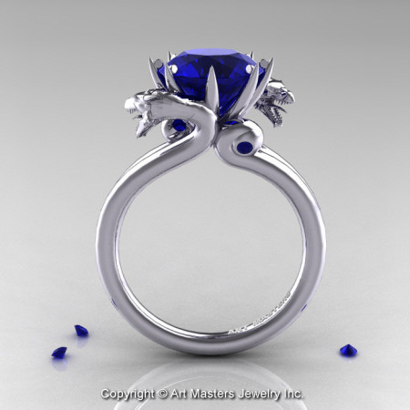 Scandinavian 14K White Gold 3.0 Ct Blue Sapphire Dragon Engagement Ring R601-14KWGBS-1