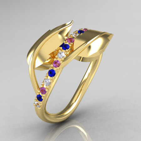 18K Yellow Gold Diamond Blue Sapphire Amethyst Leaf and Vine Wedding Ring Engagement Ring NN113-18KYGDBSAM-1