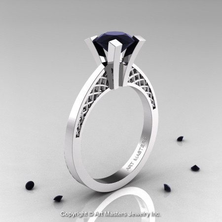 Modern Armenian 14K White Gold Lace 1.0 Ct Black Diamond Solitaire Engagement Ring R308-14KWGBD-1