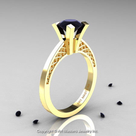 Modern Armenian 14K Yellow Gold Lace 1.0 Ct Black Diamond Solitaire Engagement Ring R308-14KYGBD-1