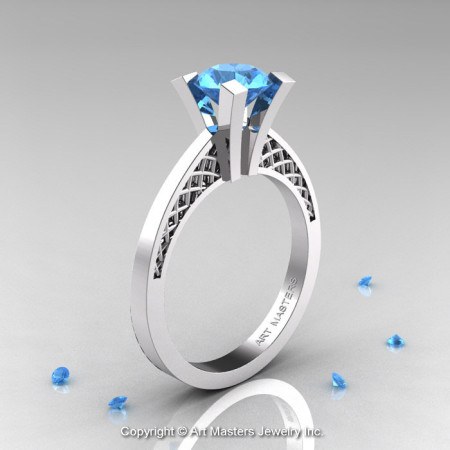 Modern Armenian 14K White Gold Lace 1.0 Ct Blue Topaz Solitaire Engagement Ring R308-14KWGBT-1