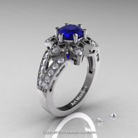 Art Deco 14K White Gold 1.0 Ct Blue Sapphire Diamond Wedding Ring Engagement Ring R286-14KWGDBS-1
