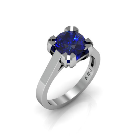 Modern 14K White Gold Gorgeous Solitaire Bridal Ring with a 2.0 Carat Blue Sapphire Center Stone R66N-14KWGBS-1