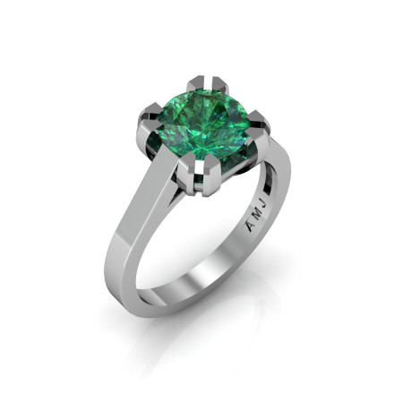 Modern 14K White Gold Gorgeous Solitaire Bridal Ring with a 2.0 Carat Emerald Center Stone R66N-14KWGEM-1