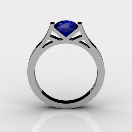 Modern 14K White Gold Elegant and Luxurious Engagement Ring or Wedding Ring with a Blue Sapphire Center Stone R667-14KWGBS-1