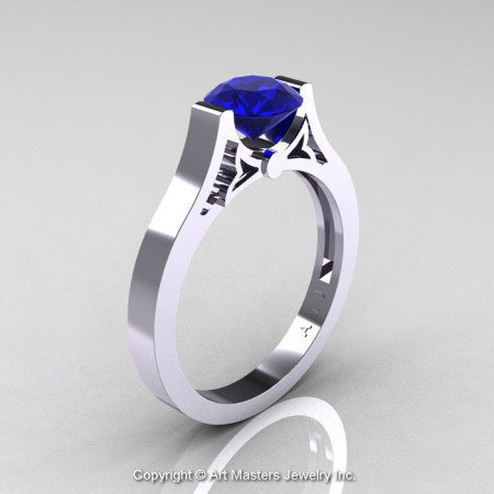 Modern 14K White Gold Luxurious and Simple Engagement Ring or Wedding Ring with a 1.0 Ct Blue Sapphire Center Stone R668-14KWGBS-1