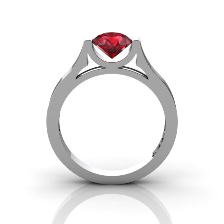 14K White Gold Elegant and Modern Wedding or Engagement Ring for Women with a Ruby Center Stone R665-14KWGR-1