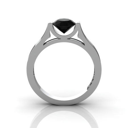 14K White Gold Elegant and Modern Wedding or Engagement Ring for Women with a Black Diamond Center Stone R665-14KWGBD-1