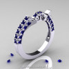14K White Gold French Vintage 3.0 Ct White and Blue Sapphire Solitaire Ring Wedding Ring Bridal Set R401S-14KWGBSWS-2