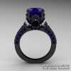 14K Black Gold French Vintage 3.0 Ct Blue Sapphire Solitaire and Wedding Ring Bridal Set R401S-14KBBS-3