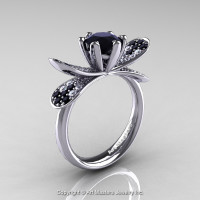 14K White Gold 1.0 Ct Black and White Diamond Nature Inspired Engagement Ring Wedding Ring R671-14KWGDBD-1