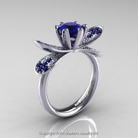 14K White Gold 1.0 Ct Blue Sapphire Diamond Nature Inspired Engagement Ring Wedding Ring R671-14KWGDBS-1
