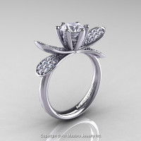 14K White Gold 1.0 Ct White Sapphire Diamond Nature Inspired Engagement Ring Wedding Ring R671-14KWGDWS-1