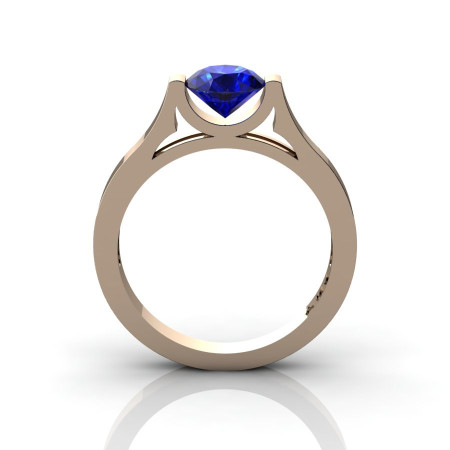 14K Rose Gold Elegant and Modern Wedding or Engagement Ring for Women with a Blue Sapphire Center Stone R665-14KRGBS-1