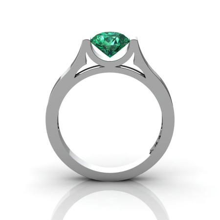 14K White Gold Elegant and Modern Wedding or Engagement Ring for Women with an Emerald Center Stone R665-14KWGEM-1