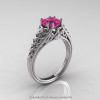 Classic French 14K White Gold 1.0 Ct Princess Pink Sapphire Diamond Lace Engagement Ring Wedding Band Set R175PS-14KWGDPS-2